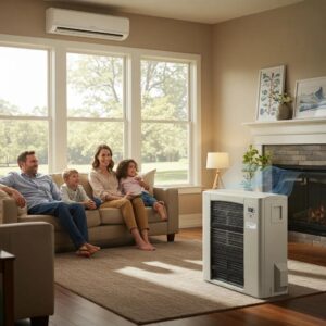 A happy family relaxing in a perfectly climate-controlled living room, with a sleek, modern HVAC unit visible