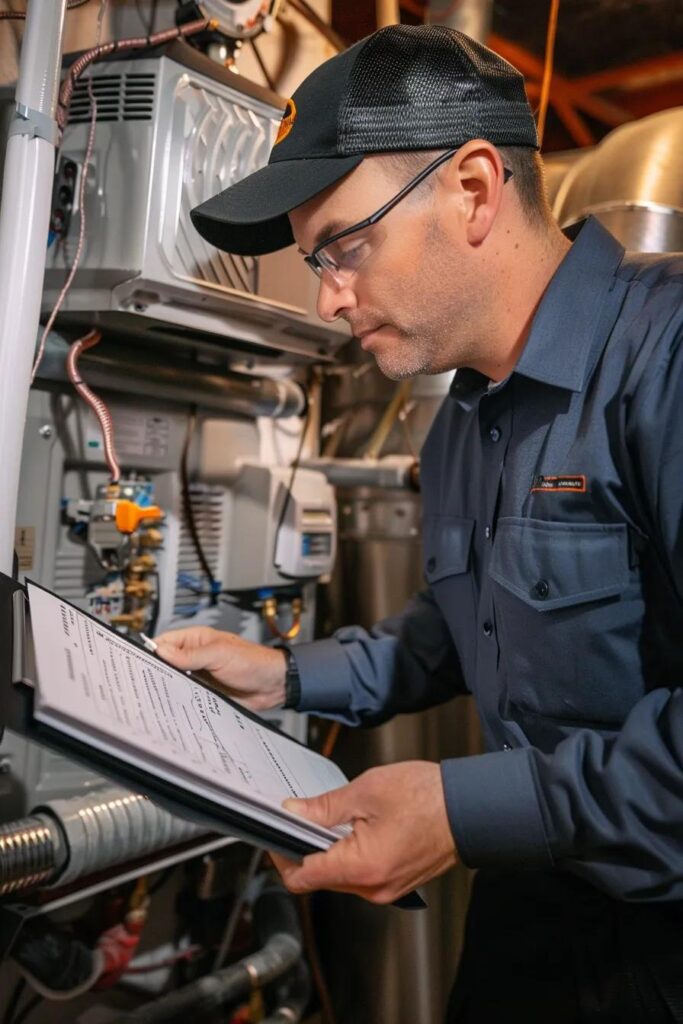 Maintenance checklist next to furnace parts—showing preventative care for reliable heating