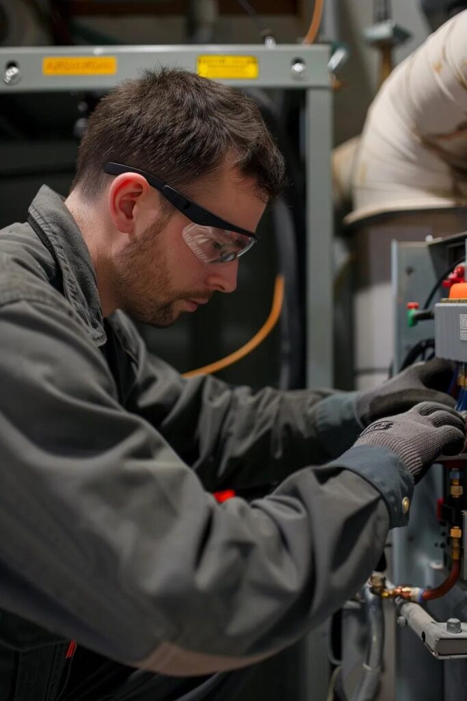 Technician checking a furnace blower—troubleshooting for unusual noises